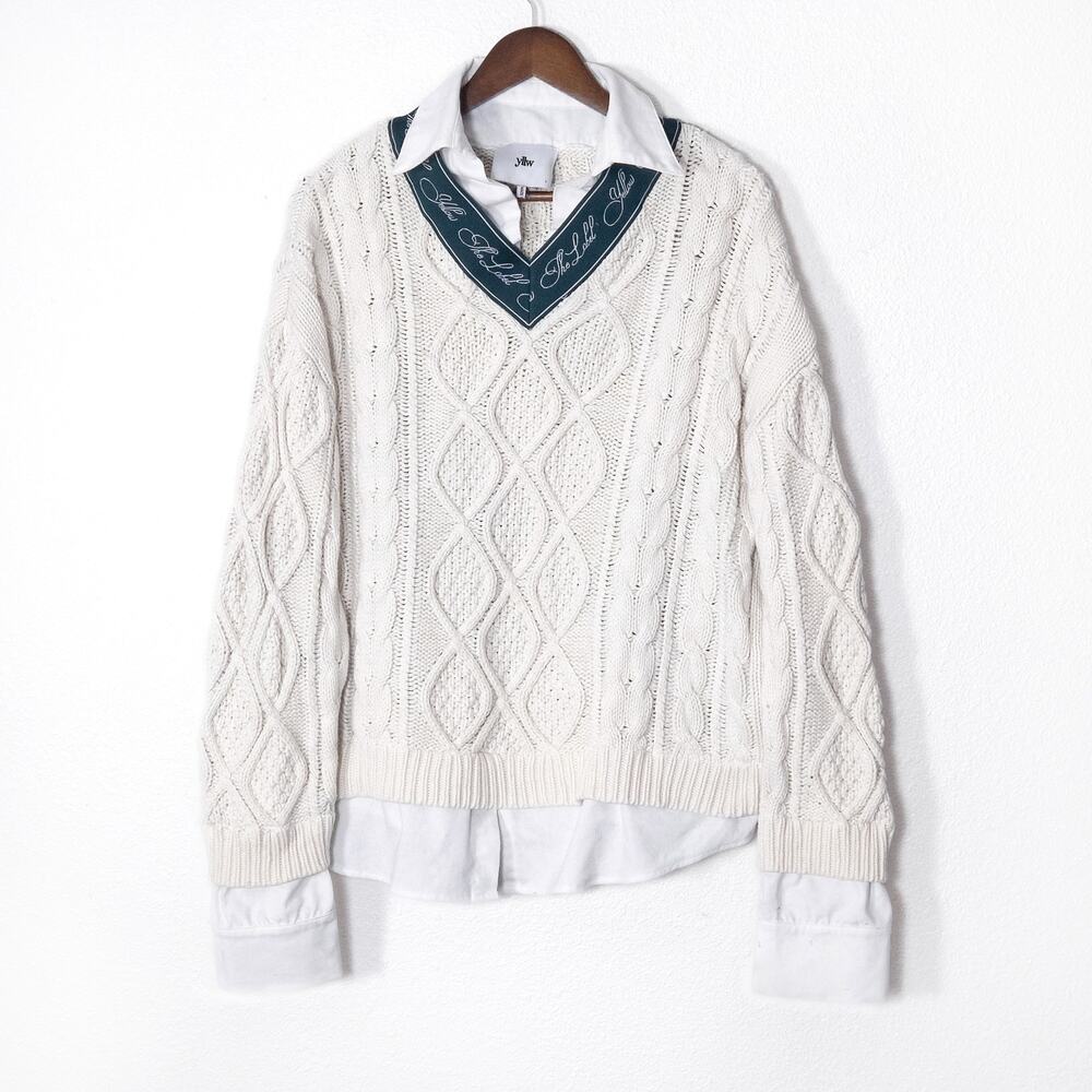 Yllw Mock Layer Sweater Size L Ivory Cable Knit Cotton Preppy Academia